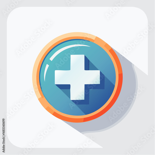 A stylized medical cross icon in a teal circle with an orange border and long shadow.