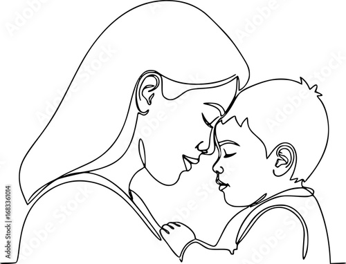 One line drawing of mother and child touching foreheads