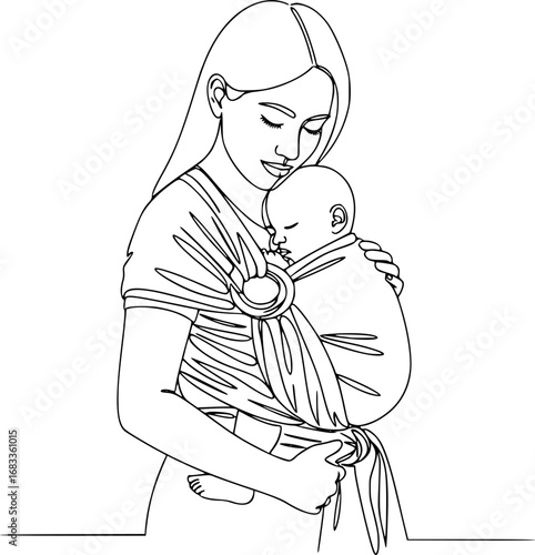 Minimalist abstract one line drawing of a mother carrying her baby in a sling wrap.