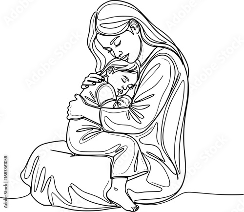 One line drawing of a mother rocking her child to sleep, soft emotional style