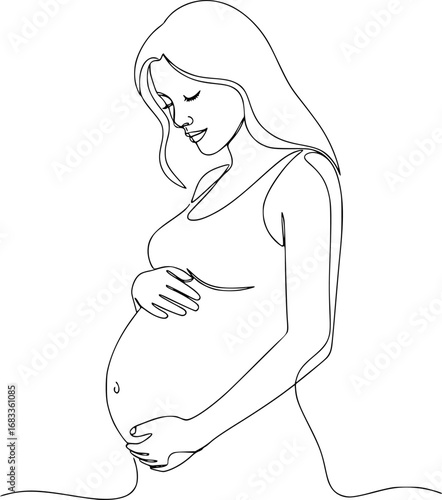 One line drawing of a pregnant woman holding her belly, elegant abstract design