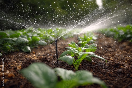 A fixed sprayer mists a vegetable bed, cool haze, drifts above leaves while a dark hose lies between rows for dependable daily care.