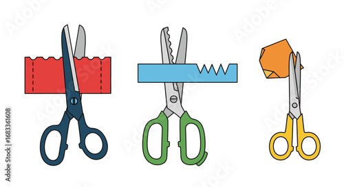 Diverse scissors cut various materials, showcasing different cutting styles and creative possibilities