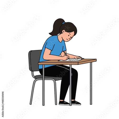 A person sits at a desk writing with a pen The person is wearing a blue shirt and black pants
