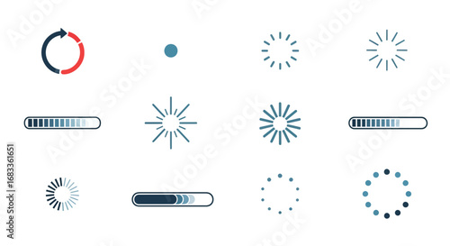 Modern loading icons and progress bars represent digital progress and system status updates