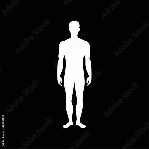 White human silhouette. This image shows a white silhouette of a human figure against a black background, emphasizing contrast, simplicity, and design. Vector clipart black illustration design.