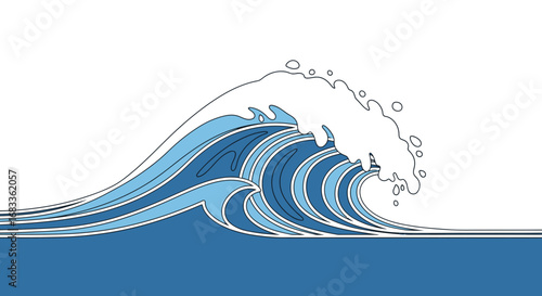 Dynamic ocean wave cresting with white foam and deep blue water, perfect for coastal themes