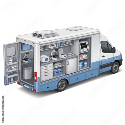 Mobile diagnostic lab van vector, healthcare vehicle, medical testing, on-the-go clinic, scientific research, health technology, coronavirus testing