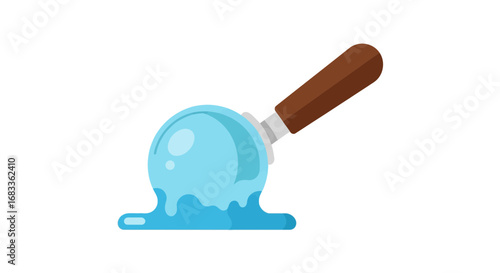 Slightly melted light blue ice cream scoop with brown handle on white