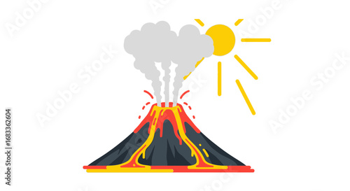 Volcano erupting with lava flow and smoke under a bright sun