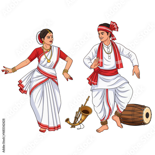 Bihu dance (Assam).ai vector, traditional Indian folk dance, cultural festival, people, Assamese couple, harvest celebration
