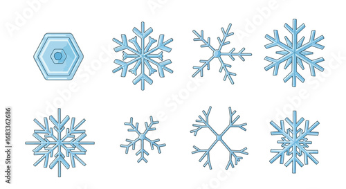 Collection of diverse blue snowflakes, perfect for winter holiday designs and seasonal themes.