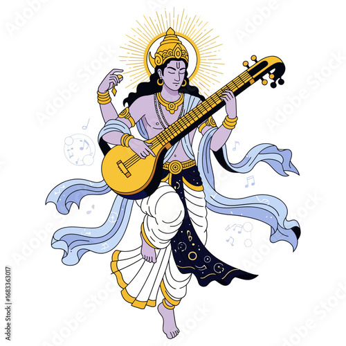Indian God of Music and Arts Playing Veena, a Vector Illustration for Gandharva