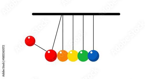 Dynamic Newton's cradle demonstrates physics principles with vibrant colored balls in motion.