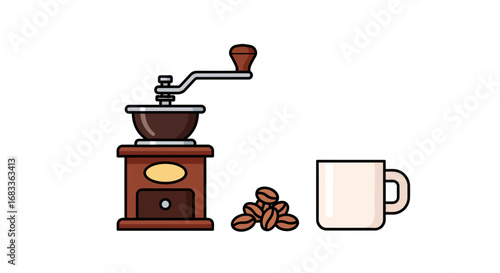 Craft your perfect brew with this classic coffee grinder, beans, and mug set, evoking cozy morning rituals.
