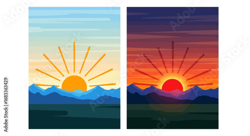 Vibrant sunrise and sunset over majestic mountains, casting golden and fiery hues on the landscape.