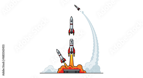 Dynamic rocket launch sequence with ascending spacecraft and fiery exhaust trails, symbolizing progress and innovation.