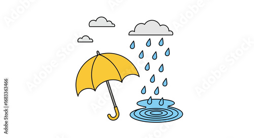 Bright yellow umbrella shields from gentle rain with clouds forming overhead and puddles on the ground
