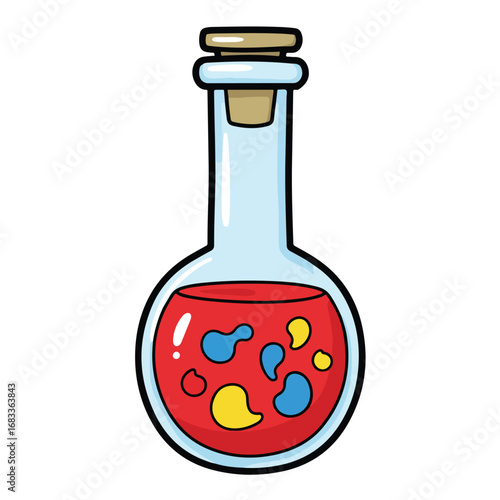 A round flask filled with red liquid and colorful shapes corked with a brown stopper