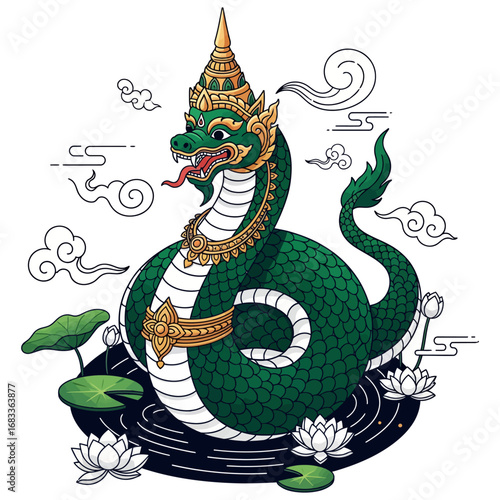 Nagas and Naginis, mythical water spirits from Hindu and Buddhist mythology, depicted as a Naga serpent
