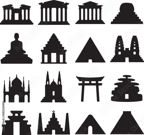 Silhouettes of diverse global architectural landmarks on white background architecture buildings