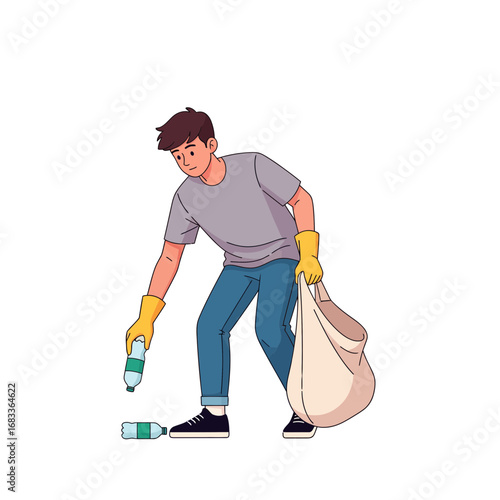 Eco-conscious male volunteer participating in a community cleanup, collecting plastic waste for recycling and a cleaner planet