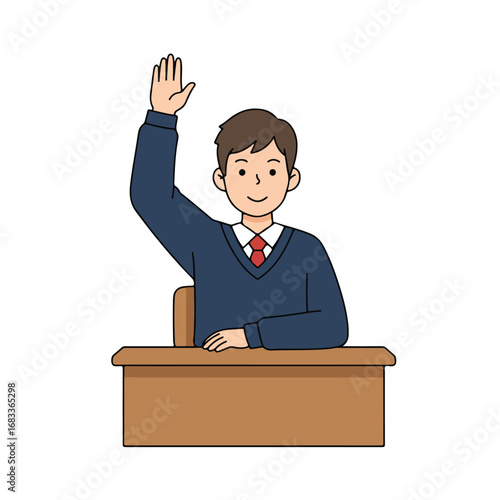 A student in a blue sweater raises their hand at a wooden desk They wear a red tie