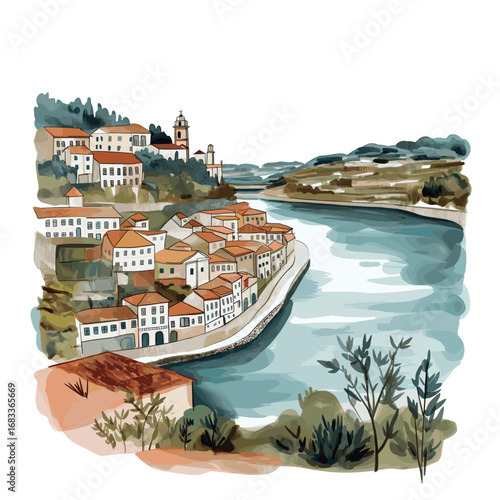 Douro Valley. Douro Valley watercolor vector illustration