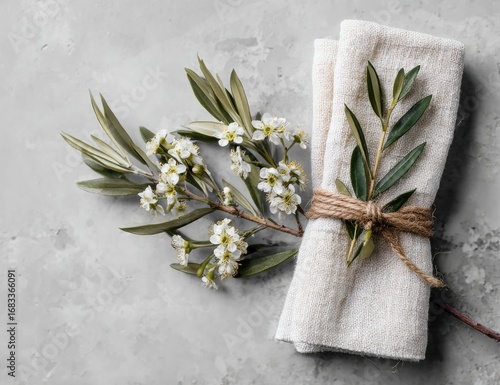 Two folded beige napkins adorned with a sprig of small white flowers and olive branches, resting on a light gray textured surface