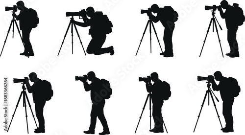 Photographer silhouettes with camera tripod, professional photo shooting, man taking pictures, photography worker vector art, travel photographer, camera operator illustration