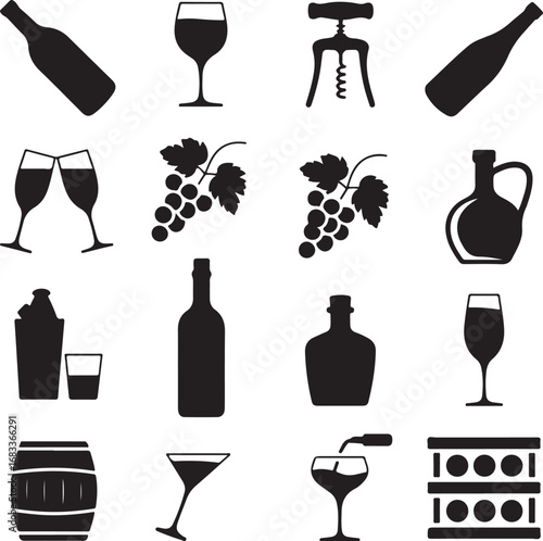 Collection of wine and beverage related icons in silhouette bottle glass
