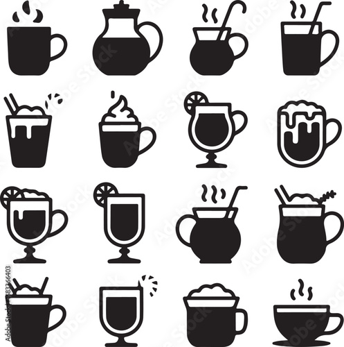 Assortment of hot and cold beverage icons in silhouette coffee hot chocolate