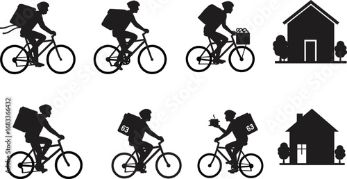 Food delivery cyclist silhouettes, courier on bicycle with backpack, grocery delivery service, restaurant food transport, rider carrying order to customer house vector illustration