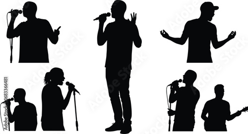 Singer silhouettes performing with microphone, musician concert illustration, male vocalist on stage, live performance, music band member, artist singing vector art