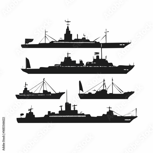 Naval ship silhouettes. This image shows various silhouettes of naval ships, including submarines and warships, depicted in black against a white background. Vector clipart illustration design.