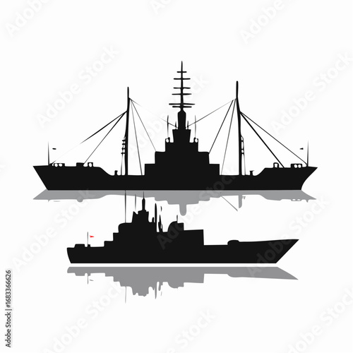 Naval ship silhouettes. This image shows various silhouettes of naval ships, including submarines and warships, depicted in black against a white background. Vector clipart illustration design.