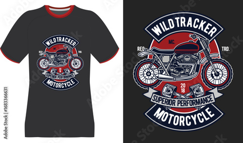 Vintage Motorcycle T-Shirt Design with "Wild Tracker" Emblem and Superior Performance Text
