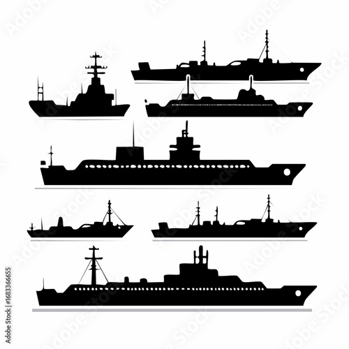 Naval ship silhouettes. This image shows various silhouettes of naval ships, including submarines and warships, depicted in black against a white background. Vector clipart illustration design.