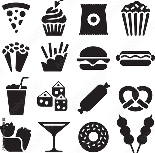 Collection of popular fast food and snack icons in silhouette pizza cupcake