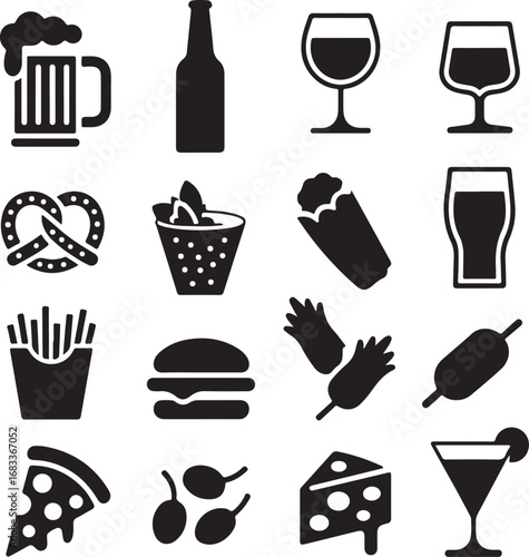 Collection of popular food and drink icons in black silhouette beer bottle