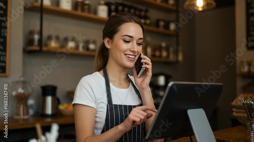 Friendly cafe owner talking on the phone while using a point of sale system at the counter of her coffee shop