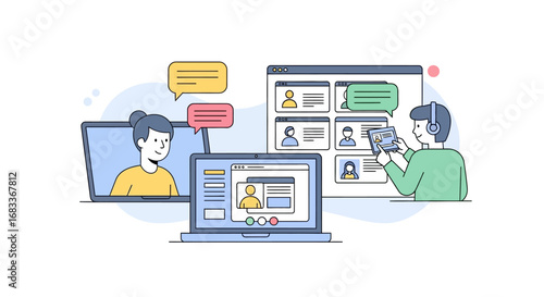 Online team collaborating via video conference and messaging platforms.