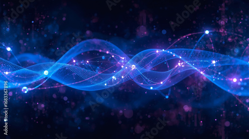 Flowing abstract holographic lines with intricate swirling patterns and glowing nodes in various sizes and intensities visualizing the complex process of AI algorithm and machine learning data flow, s