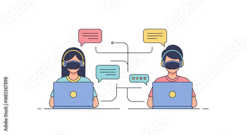 A man and a woman with headsets using laptops for virtual communication and online chat.