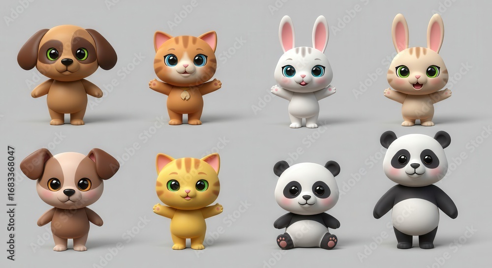 Obraz premium Cute cartoon animals in various poses against a neutral backdrop, showcasing adorable dog, cat, rabbit, and panda characters.