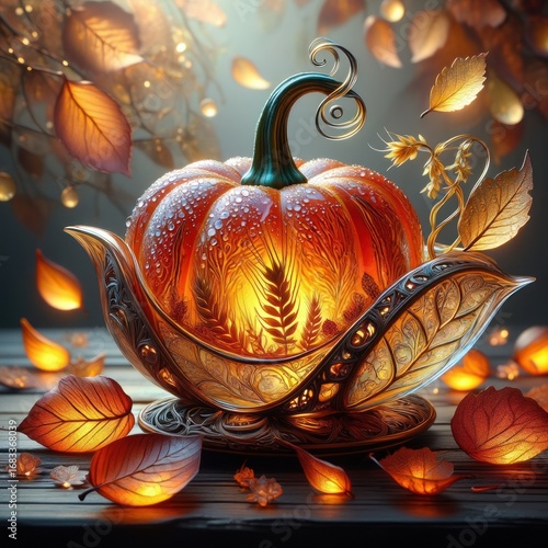Glowing Autumn Pumpkin in Ornate Leaf Bowl