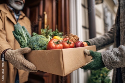 Volunteer Delivering a Box of Fresh Groceries to a Senior Man.