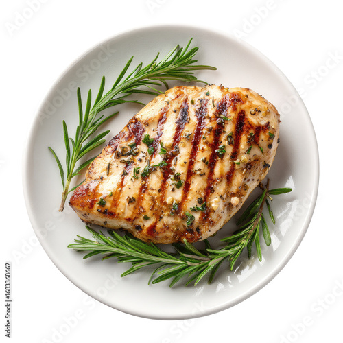 Grilled chicken breast, seasoned and topped with fresh rosemary sprigs, on a white plate