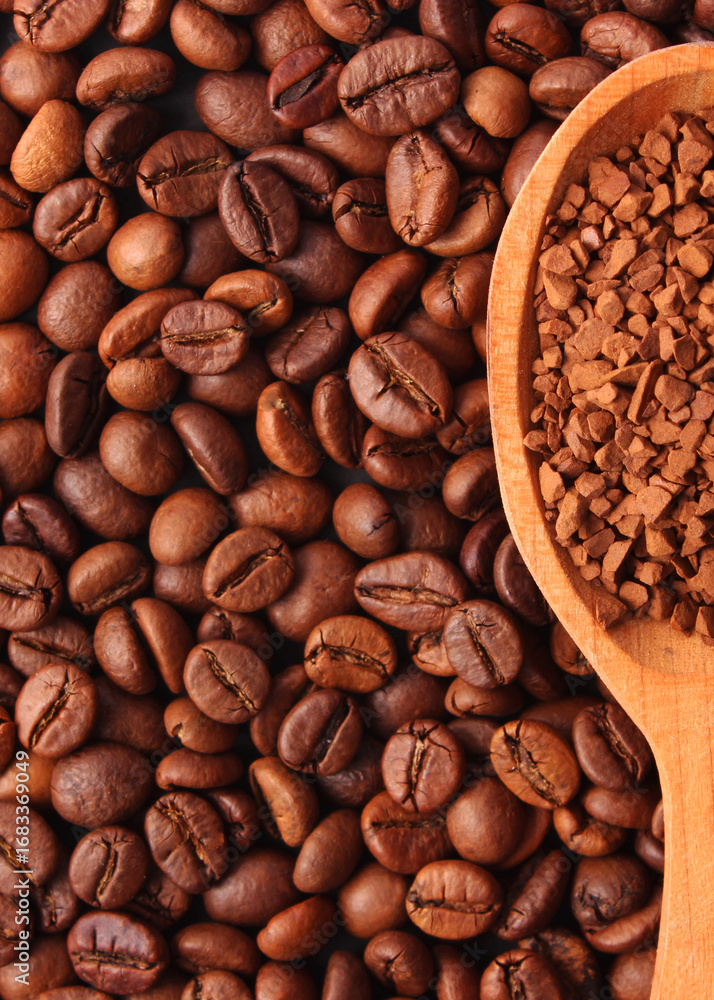 Fototapeta premium instant coffee and coffee beans. aromatic coffee beans. Vertical photo format