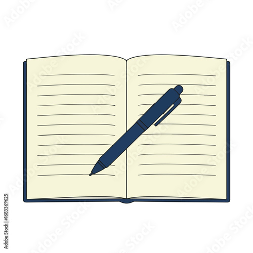 An open lined notebook with a blue pen lying across the pages